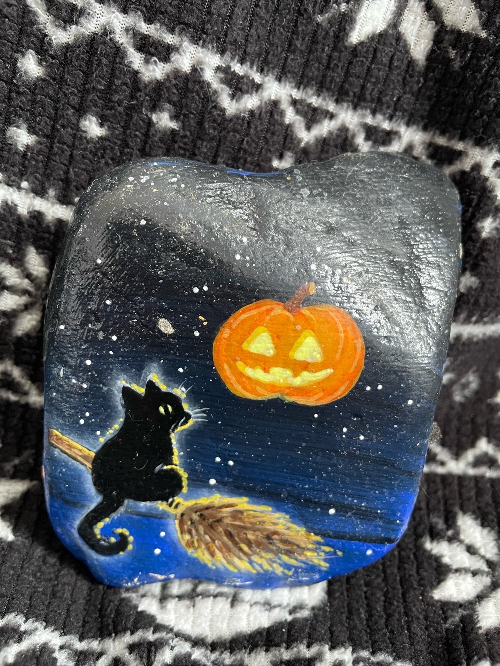 Hand-Painted Black Cat & Orange Pumpkin Rock Art – Halloween Accent, gothic
